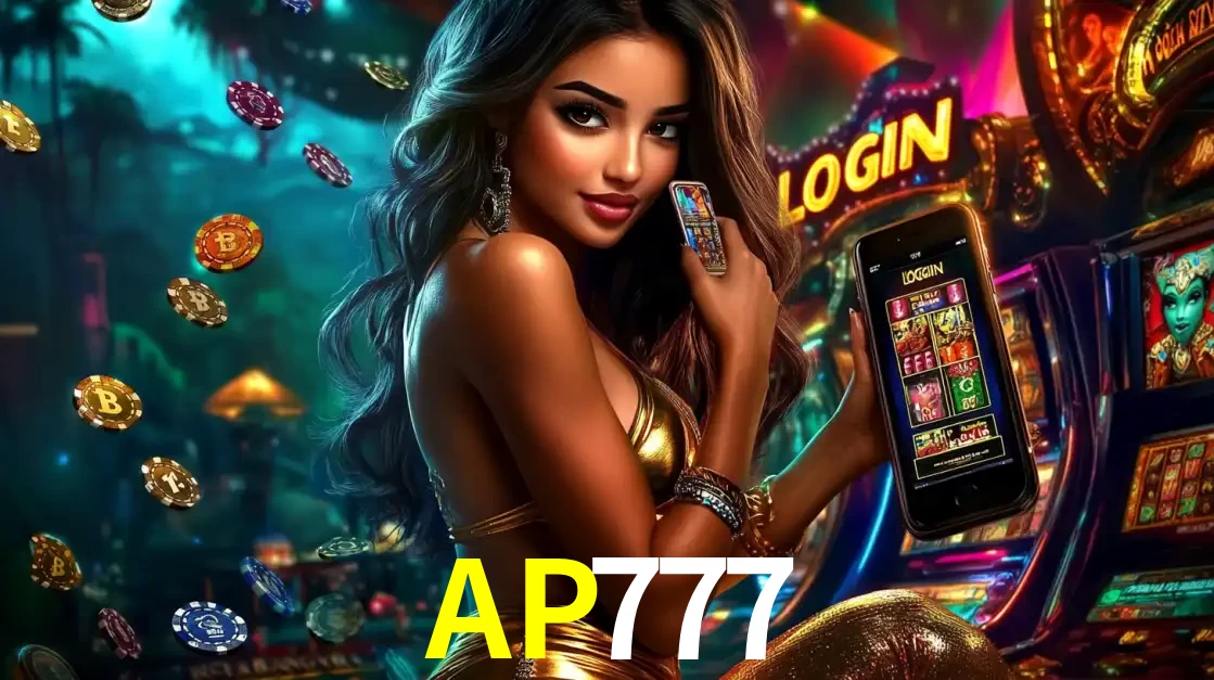 Mulher em um cenário de cassino temático de aventura, mostrando o app de caça-níqueis da AP777 no celular. Fichas de apostas flutuam ao redor.