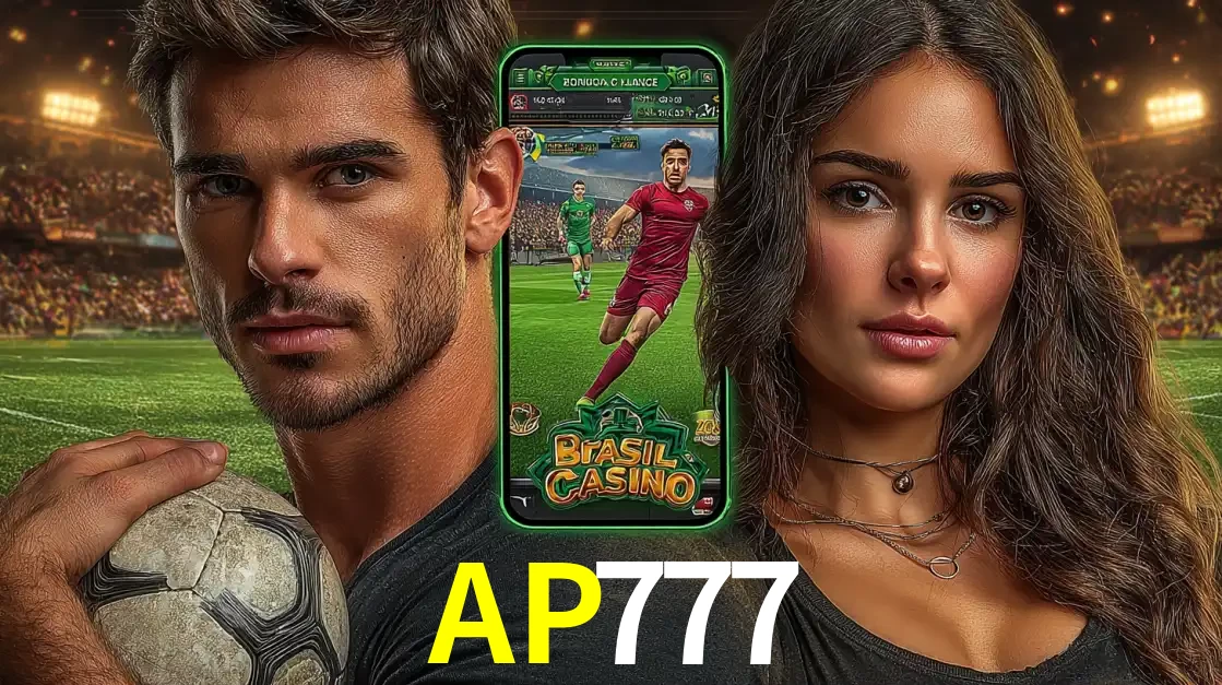 Homem segurando uma bola de futebol e uma mulher ao lado de um smartphone exibindo o jogo de apostas esportivas da AP777. Faça seu palpite no cassino online.